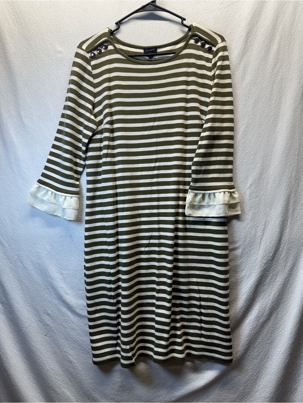 Preppy NWT Talbots Womens Green Stripe Dress Sz M Cotton 3/4 Ruffle Bell Sleeve